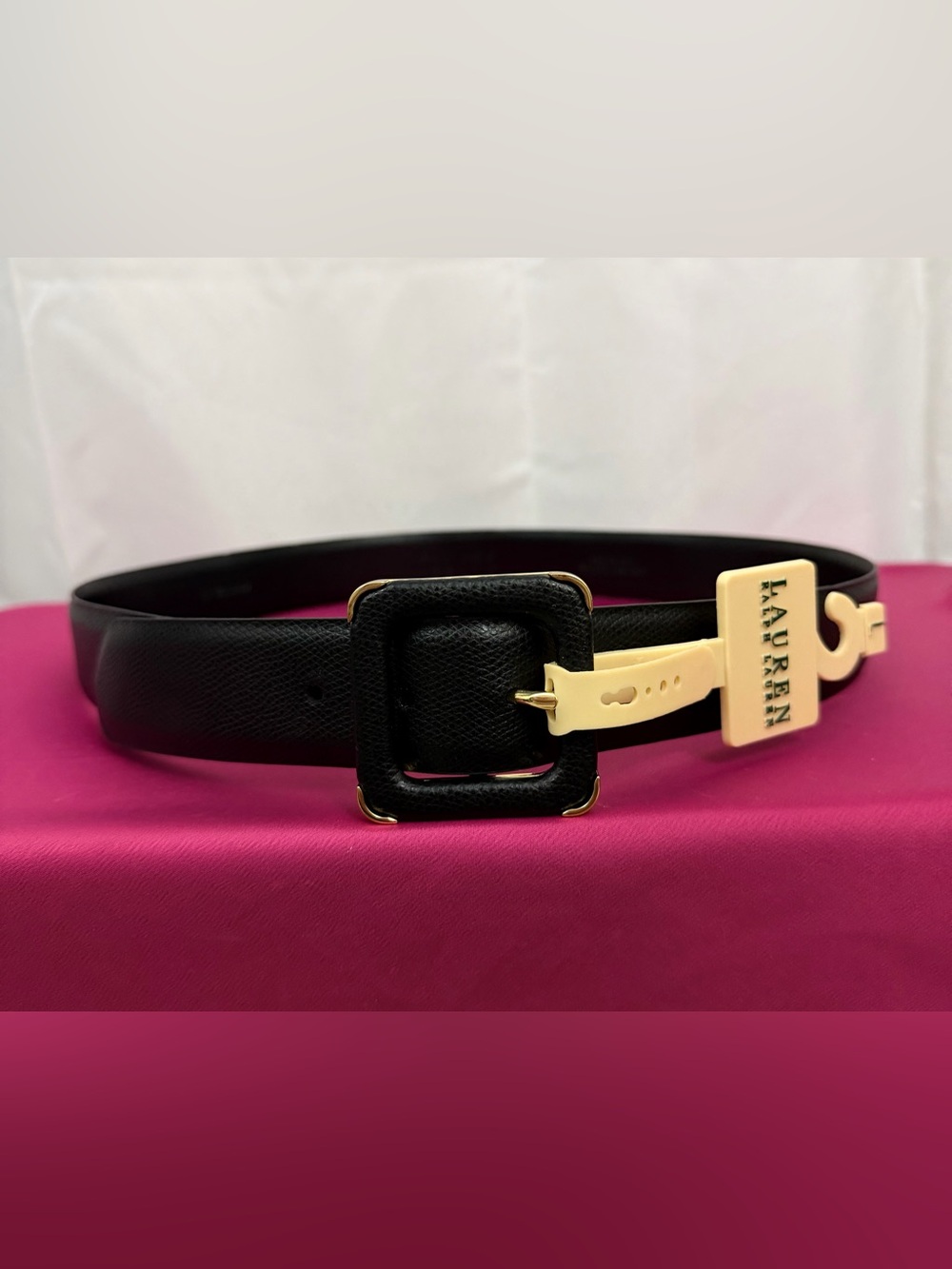 Ralph Lauren Black Genuine Leather Belt with Gold-Tone Square Buckle Large NWT